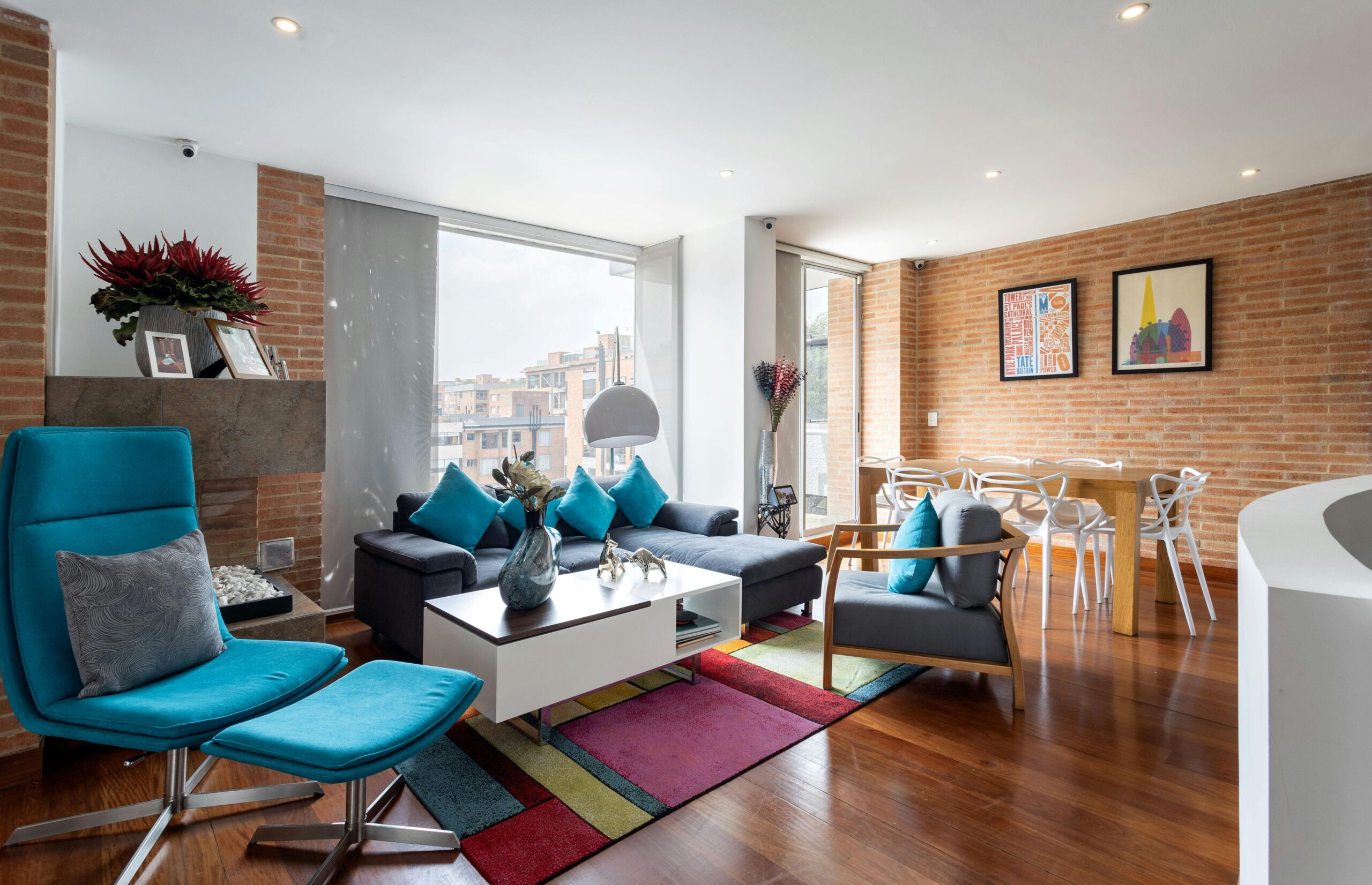 Chic living room interior with vibrant decor and modern furniture in Bogota, Colombia.