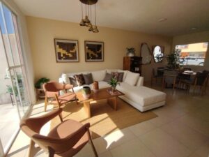 Bright modern living room featuring mid-century furniture and natural light.