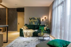 Stylishly designed living room with luxurious elements and modern decor.